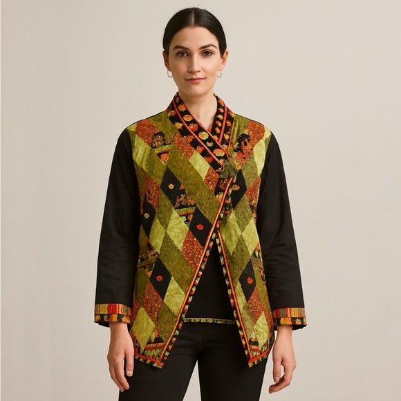 Hand Crafted Jackets & Blazers - Handmade Orange Green Artsy Patchwork Jacket Size Large